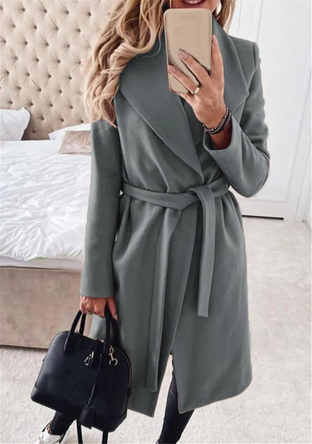 Women Solid Color Long Sleeve Trench Coat Lapel Collar Belt Jackets Wool Blend Wrap Work Long Coats