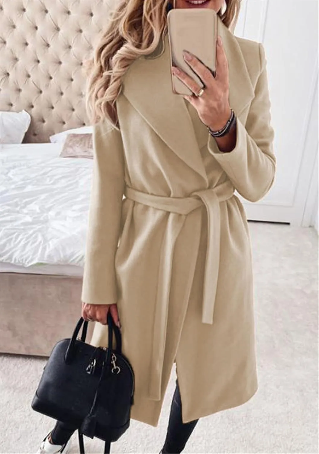 Women Solid Color Long Sleeve Trench Coat Lapel Collar Belt Jackets Wool Blend Wrap Work Long Coats