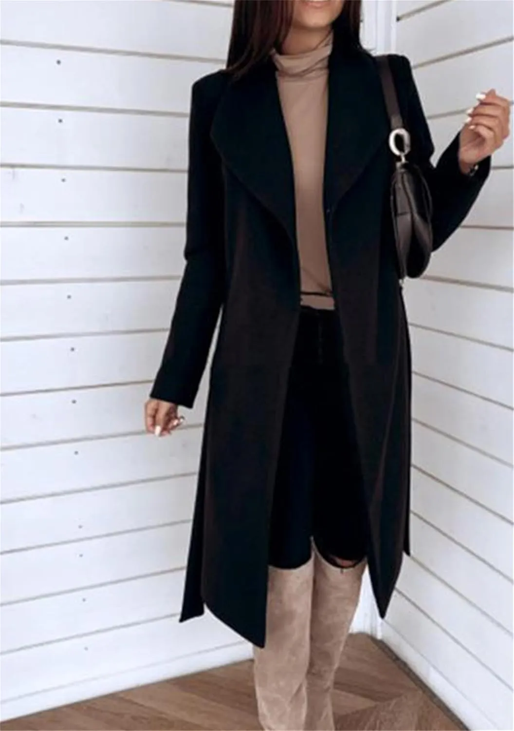 Women Solid Color Long Sleeve Trench Coat Lapel Collar Belt Jackets Wool Blend Wrap Work Long Coats