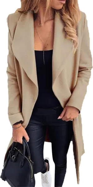 Women Solid Color Long Sleeve Trench Coat Lapel Collar Belt Jackets Wool Blend Wrap Work Long Coats
