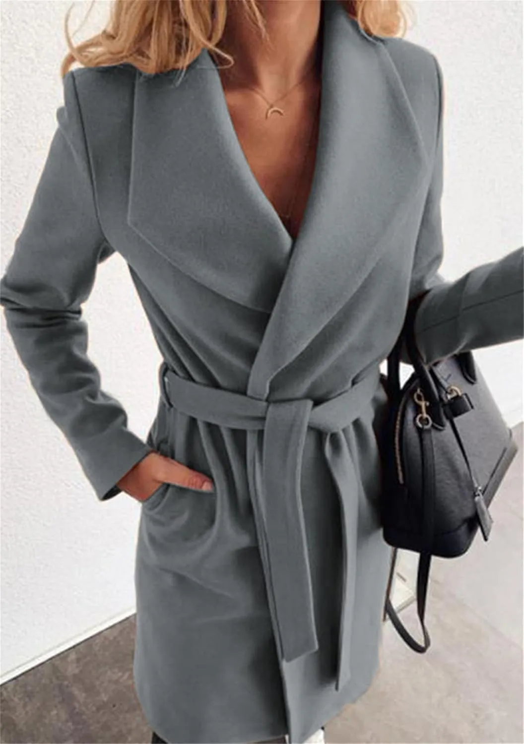 Women Solid Color Long Sleeve Trench Coat Lapel Collar Belt Jackets Wool Blend Wrap Work Long Coats
