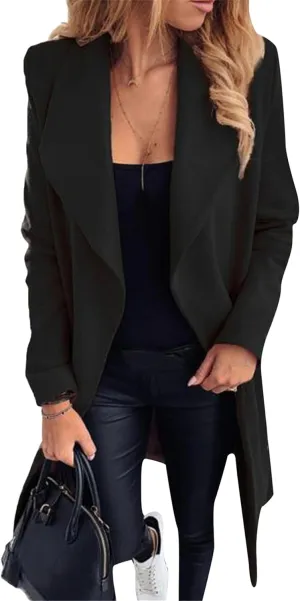 Women Solid Color Long Sleeve Trench Coat Lapel Collar Belt Jackets Wool Blend Wrap Work Long Coats