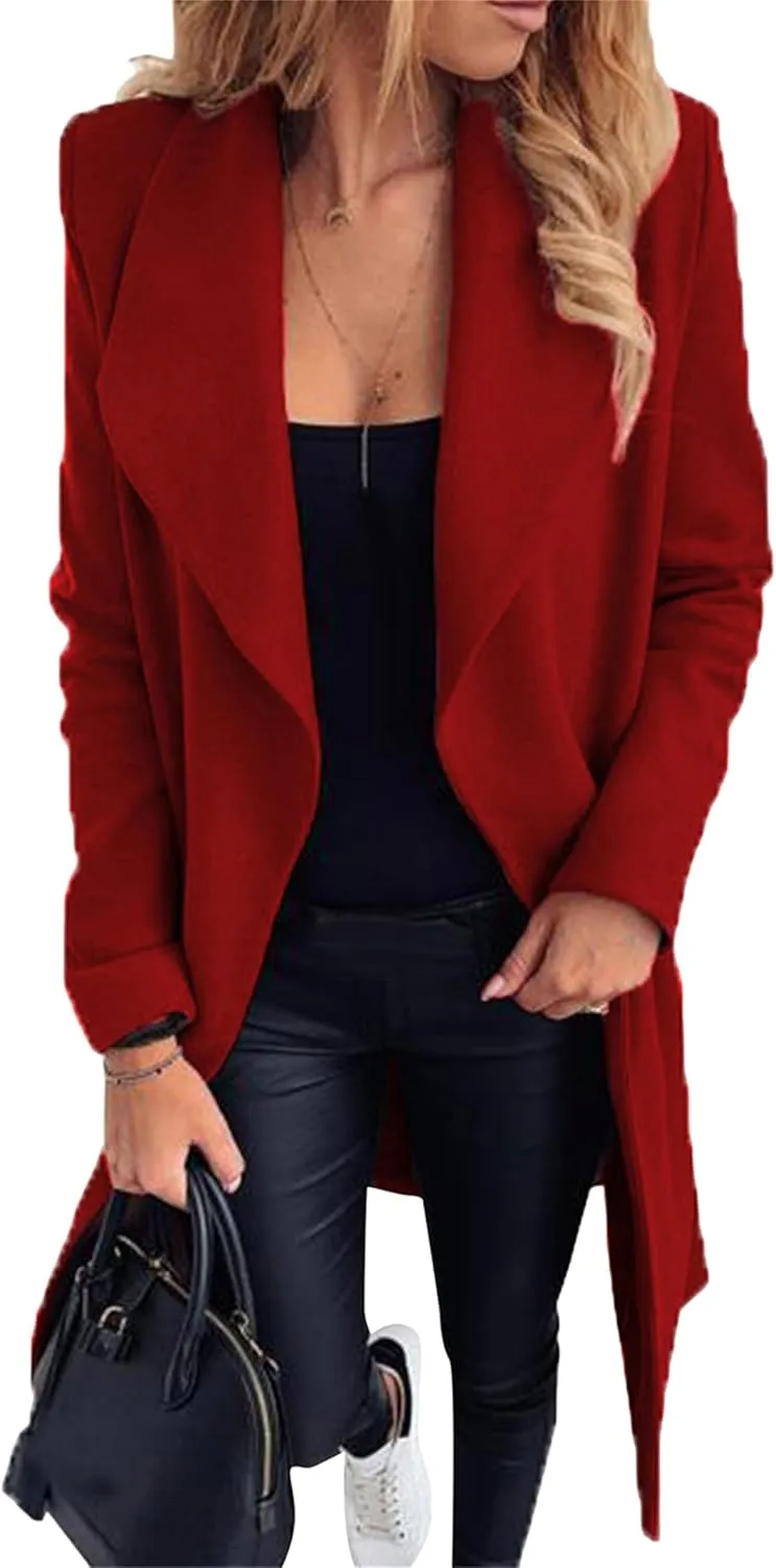 Women Solid Color Long Sleeve Trench Coat Lapel Collar Belt Jackets Wool Blend Wrap Work Long Coats