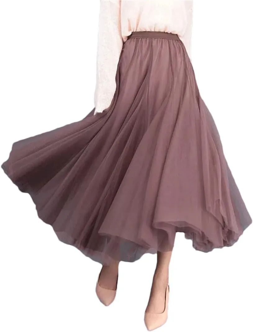 Women Solid High Waist Tulle Mesh Loose A-Line Skirts