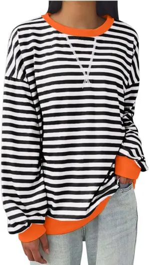 Women Sweatshir Striped Oversized Long Sleeve Crewneck Hoodies Shirt 2024 Fall Pullover Top Trendy Preppy Clothes