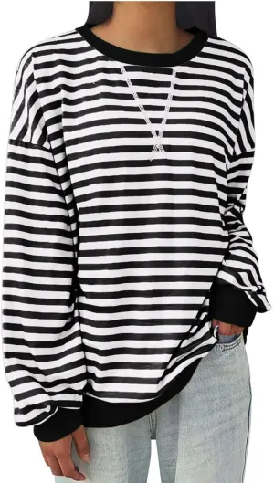 Women Sweatshir Striped Oversized Long Sleeve Crewneck Hoodies Shirt 2024 Fall Pullover Top Trendy Preppy Clothes