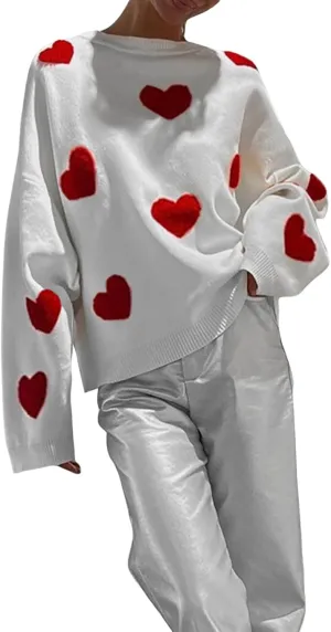 Women Valentines Day Turtleneck Sweaters for Teen Girls Heart Print Oversized Long Sleeve Knit Pullovers Tops(Red Heart White,L)