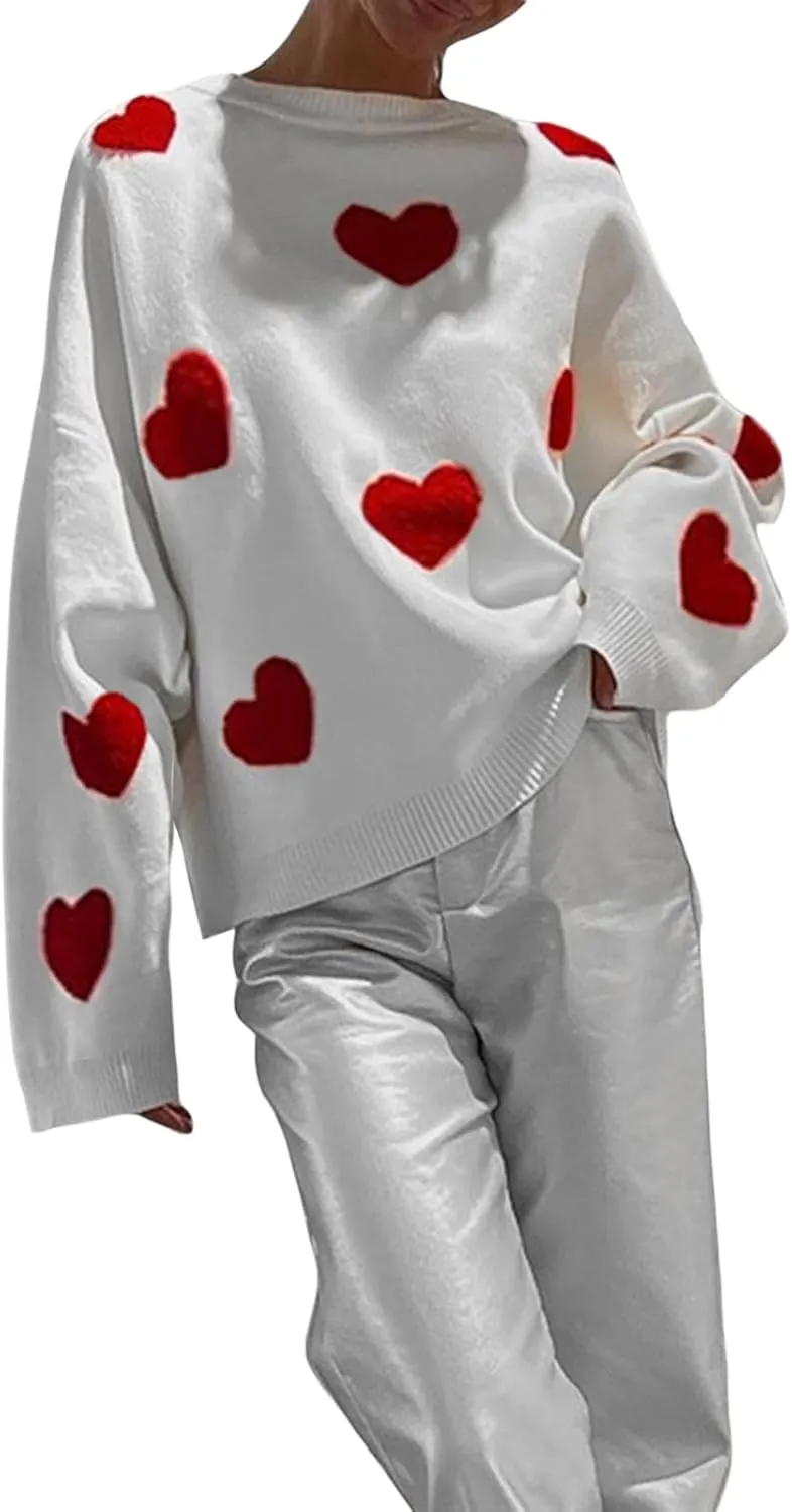 Women Valentines Day Turtleneck Sweaters for Teen Girls Heart Print Oversized Long Sleeve Knit Pullovers Tops(Red Heart White,L)