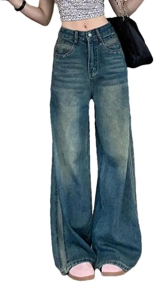 Women Vintage Contrast Jeans Casual Straight Loose High Waist Floor Mopping Wide Leg Pants