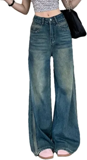 Women Vintage Contrast Jeans Casual Straight Loose High Waist Floor Mopping Wide Leg Pants