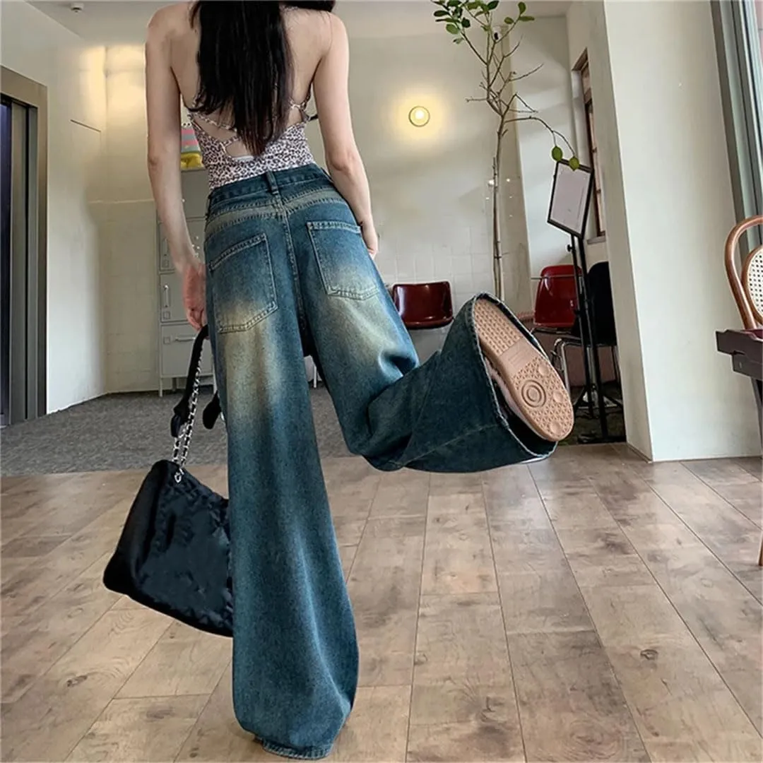 Women Vintage Contrast Jeans Casual Straight Loose High Waist Floor Mopping Wide Leg Pants