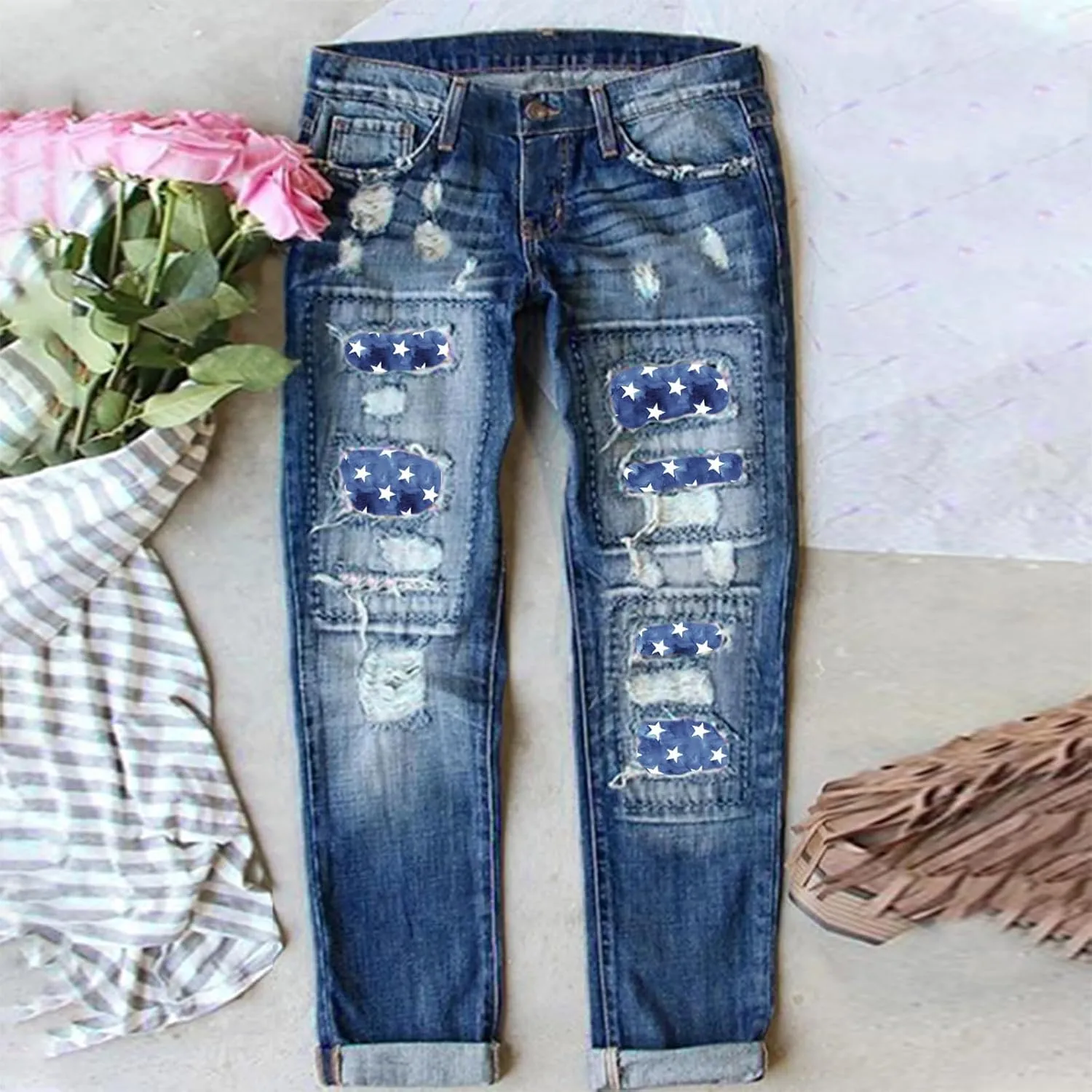 Women Vintage Floral Print High Waist Distressed Straight Leg Jean Loose Baggy Boyfriend Ripped Flower Denim Pant