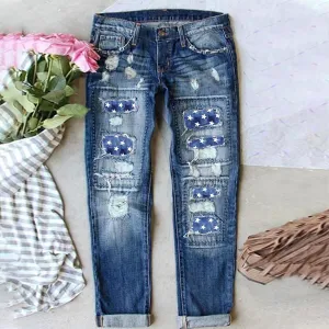 Women Vintage Floral Print High Waist Distressed Straight Leg Jean Loose Baggy Boyfriend Ripped Flower Denim Pant