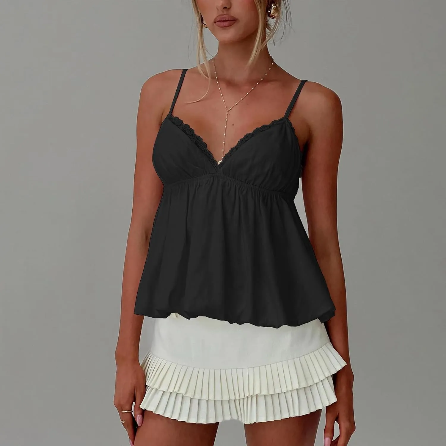 Women Y2k Floral Camisole Sleeveless V Neck Flowy Peplum Cami Top Sexy Ruffle Babydoll Tank Tops Summer Streetwear