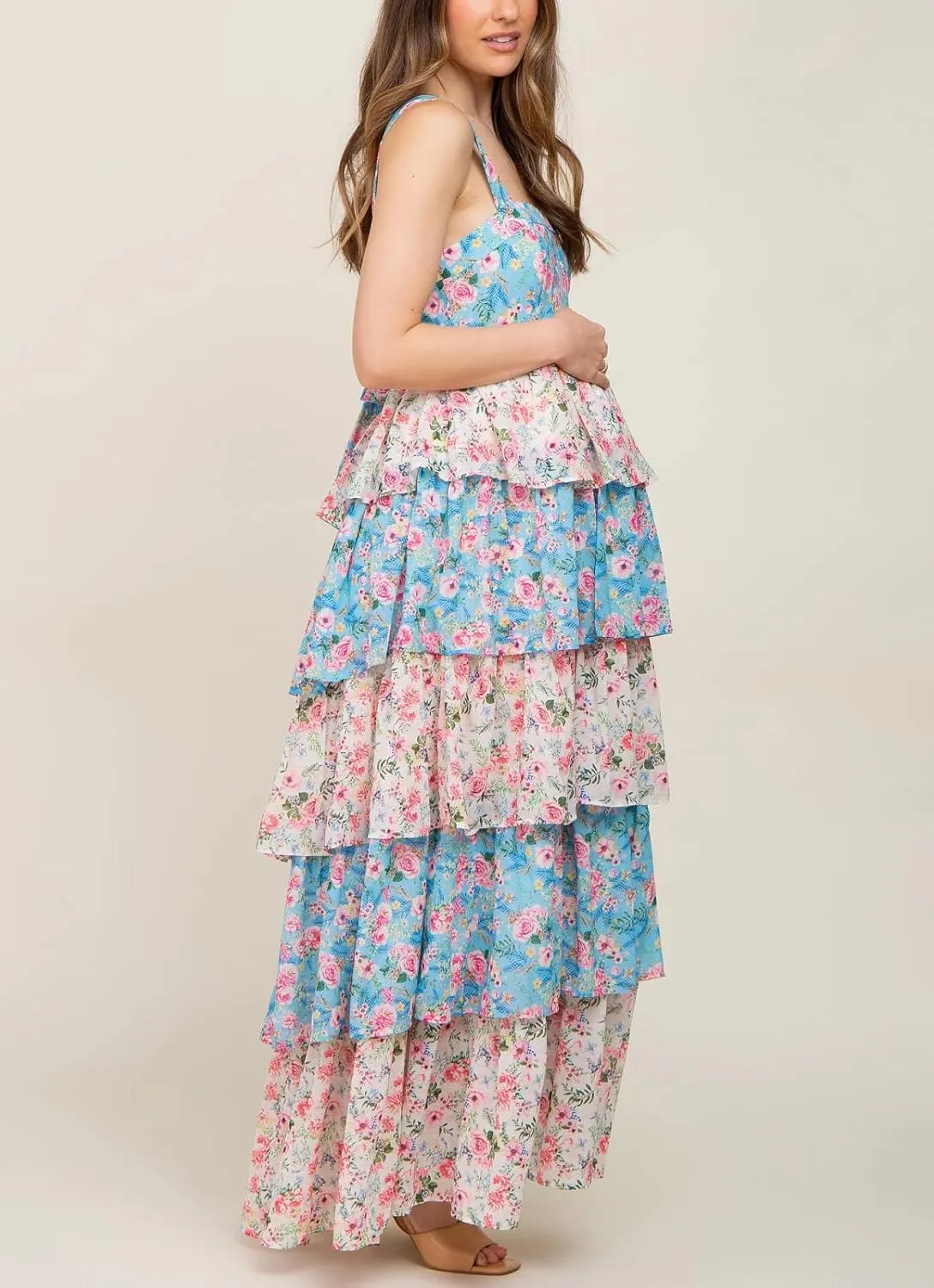 Women Y2K Floral Smocked Maxi Dress V Neck Patchwork Lace Flowy Cami Long Dress Cute Boho Tiered Beach Sundress