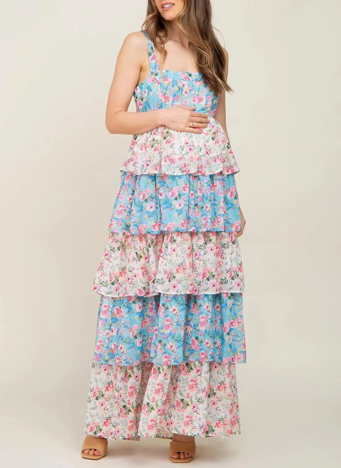 Women Y2K Floral Smocked Maxi Dress V Neck Patchwork Lace Flowy Cami Long Dress Cute Boho Tiered Beach Sundress