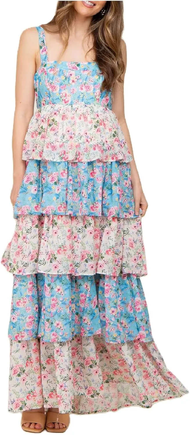Women Y2K Floral Smocked Maxi Dress V Neck Patchwork Lace Flowy Cami Long Dress Cute Boho Tiered Beach Sundress