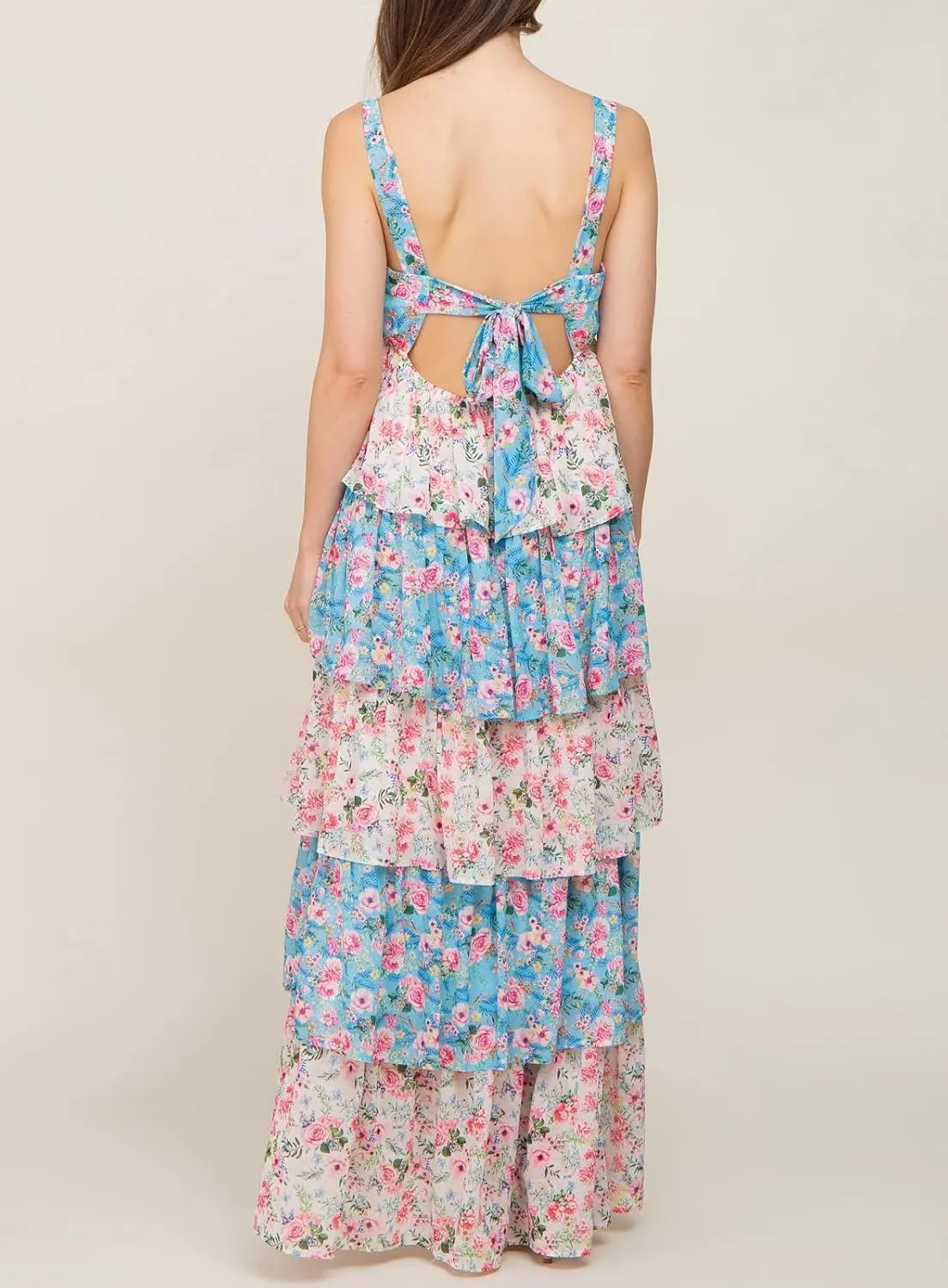 Women Y2K Floral Smocked Maxi Dress V Neck Patchwork Lace Flowy Cami Long Dress Cute Boho Tiered Beach Sundress