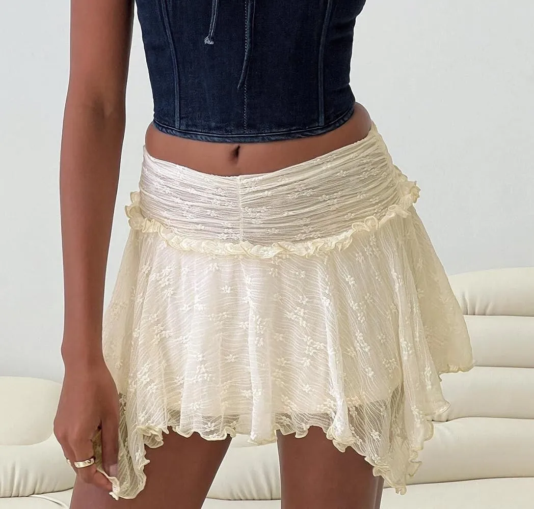 Women Y2k Lace Mini Skirts Low Waist Ruffle Half Slip Skirt Lace Pleated Tiered Short Skirts Layered Flowy Underskirt
