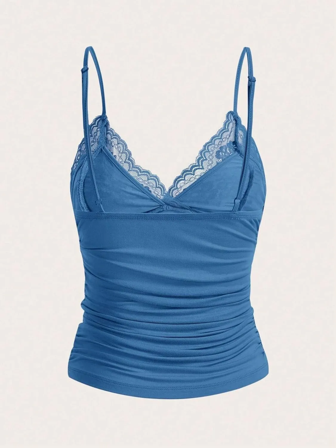 Women Y2k Lace Trim Cami Top Spaghetti Strap Fairy Grunge Tank Top V Neck Ruched Bow Lace Patchwork Cami Shirt