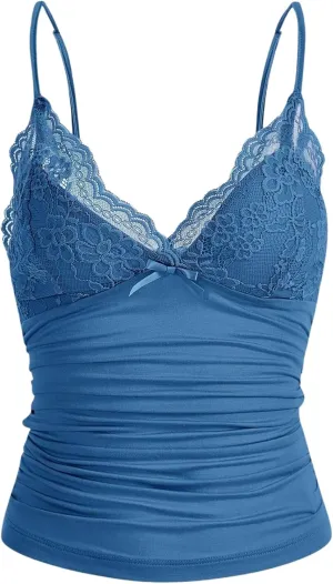 Women Y2k Lace Trim Cami Top Spaghetti Strap Fairy Grunge Tank Top V Neck Ruched Bow Lace Patchwork Cami Shirt