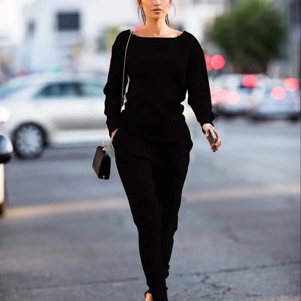 Women's 2 Piece Knit Lounge Sets Sweatsuit Outfit Solid Crewneck Long Sleeve Pullover Tops and Pants Tracksuit