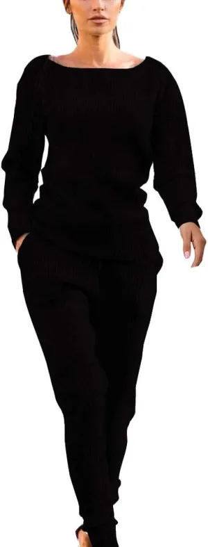 Women's 2 Piece Knit Lounge Sets Sweatsuit Outfit Solid Crewneck Long Sleeve Pullover Tops and Pants Tracksuit