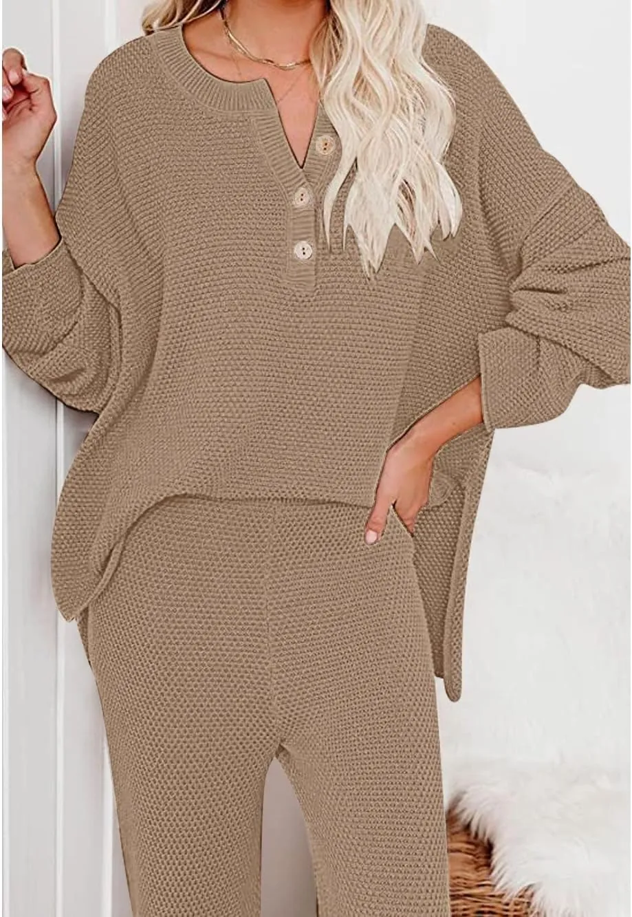 Women's 2 Piece Lounge Sets Trendy Outfits Cozy Knit Sets Slouchy Pullover Sweater Loungewear Set