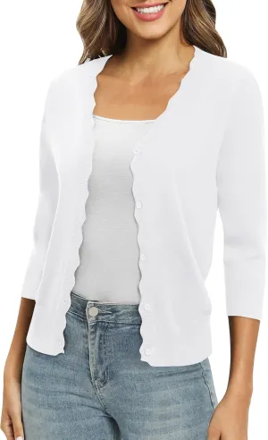 Women's 3/4 Sleeve V-Neck Cardigan Sweater Lightweight Button Down Short Shrug Sweaters for Dresses