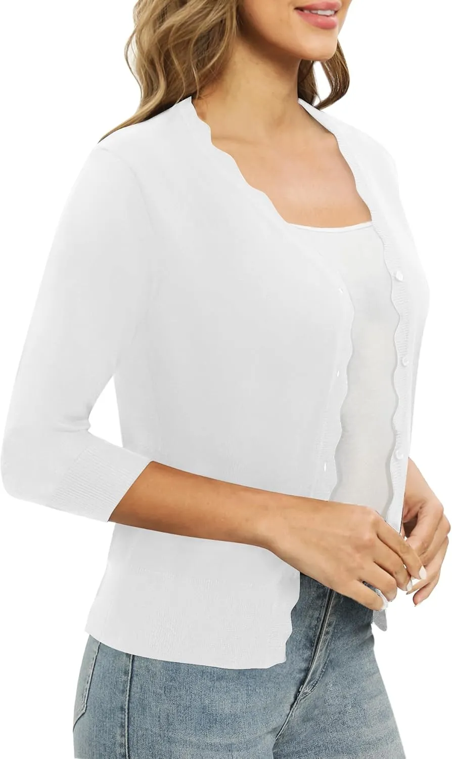Women's 3/4 Sleeve V-Neck Cardigan Sweater Lightweight Button Down Short Shrug Sweaters for Dresses