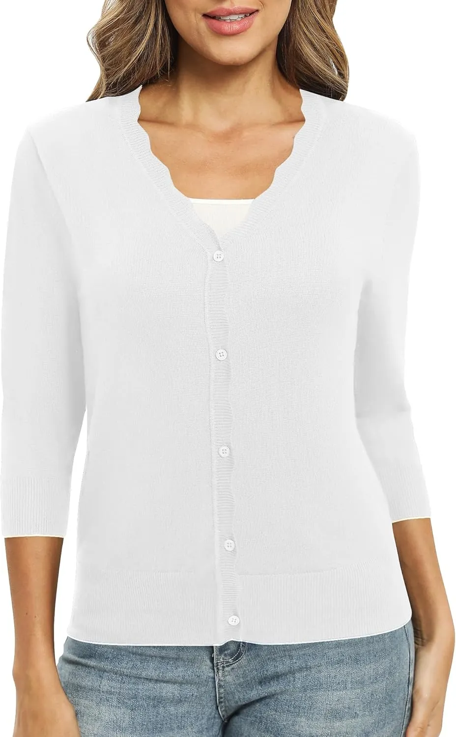 Women's 3/4 Sleeve V-Neck Cardigan Sweater Lightweight Button Down Short Shrug Sweaters for Dresses