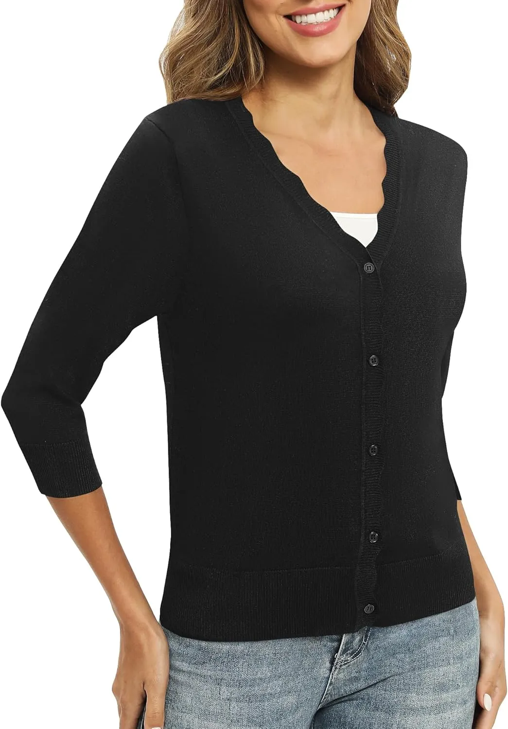 Women's 3/4 Sleeve V-Neck Cardigan Sweater Lightweight Button Down Short Shrug Sweaters for Dresses