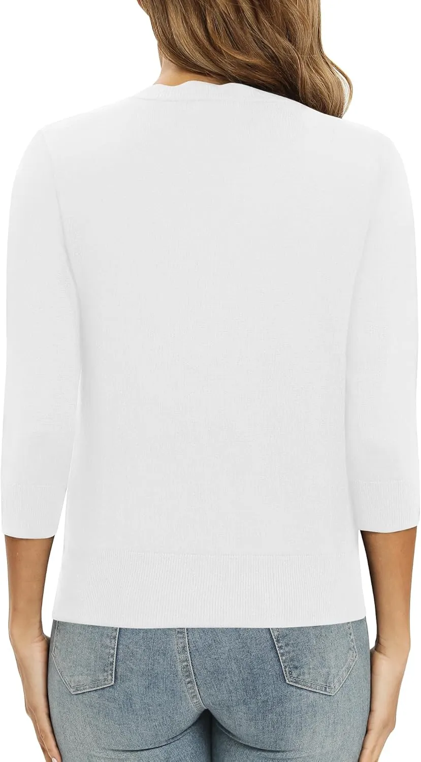 Women's 3/4 Sleeve V-Neck Cardigan Sweater Lightweight Button Down Short Shrug Sweaters for Dresses
