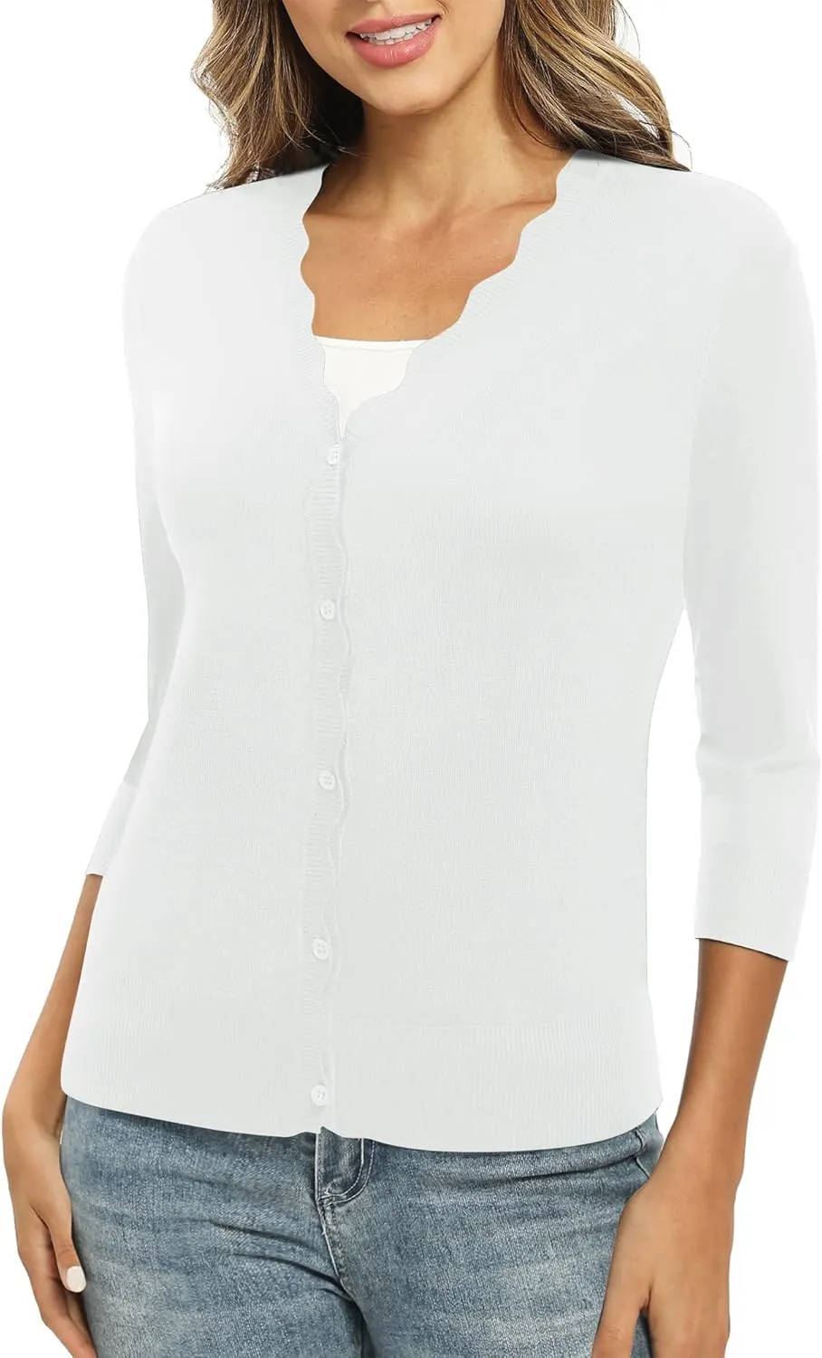 Women's 3/4 Sleeve V-Neck Cardigan Sweater Lightweight Button Down Short Shrug Sweaters for Dresses