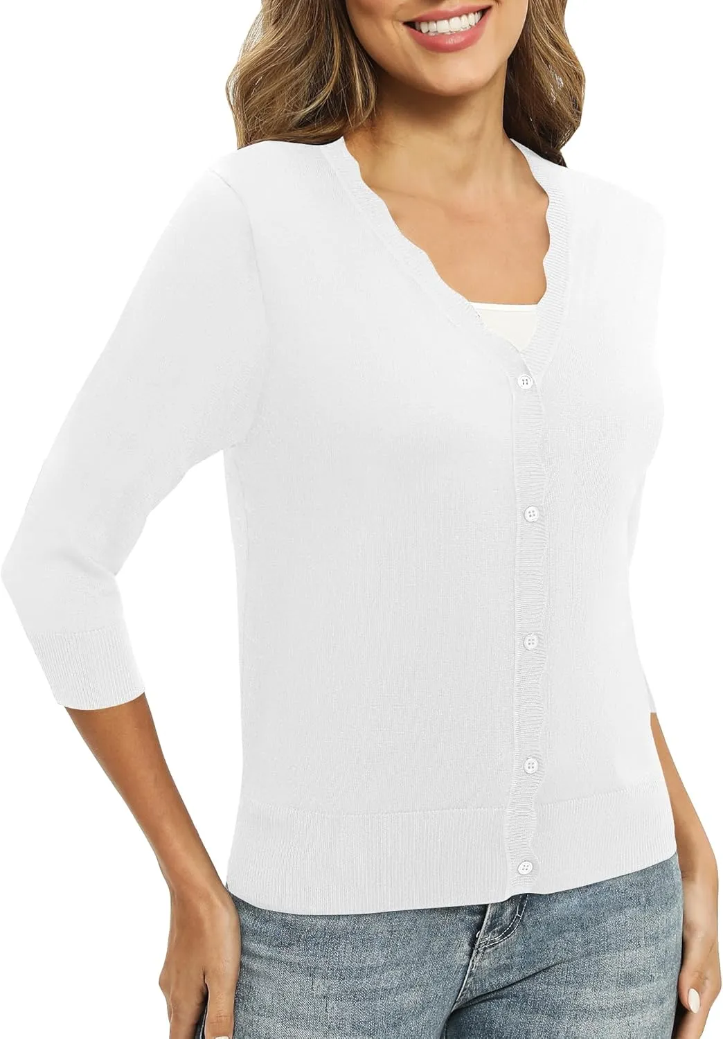Women's 3/4 Sleeve V-Neck Cardigan Sweater Lightweight Button Down Short Shrug Sweaters for Dresses