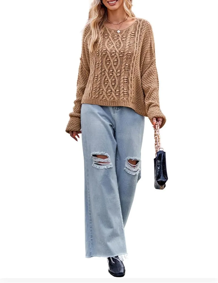 Women's Cable Knit Sweater Long Sleeve Crew Neck Oversized Pullover Sweater Jumper Top