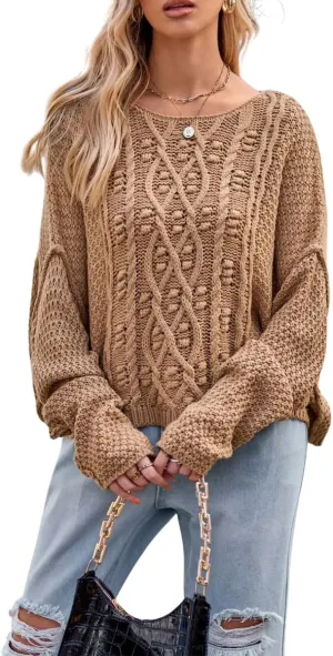 Women's Cable Knit Sweater Long Sleeve Crew Neck Oversized Pullover Sweater Jumper Top
