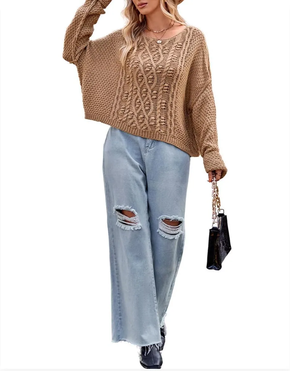 Women's Cable Knit Sweater Long Sleeve Crew Neck Oversized Pullover Sweater Jumper Top