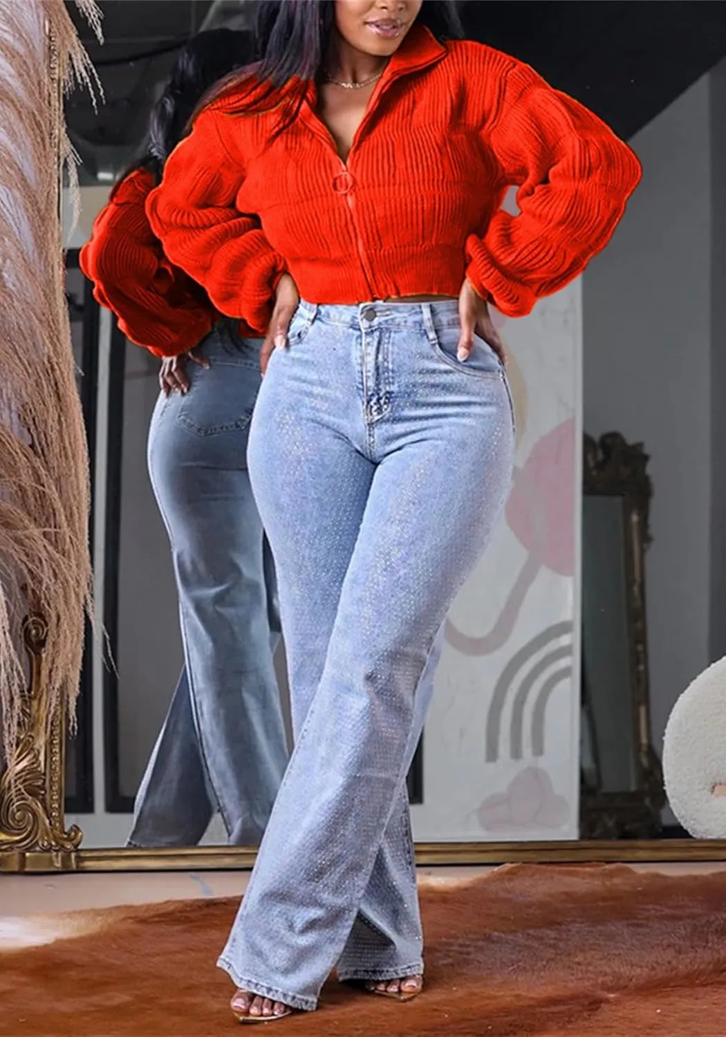 Womens Cardigan Sweaters Zip Up Long Lantern Sleeve Cable Knit Outwear Cropped Sweater Jacket