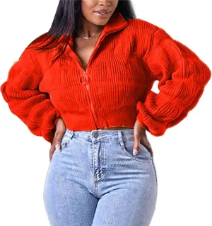 Womens Cardigan Sweaters Zip Up Long Lantern Sleeve Cable Knit Outwear Cropped Sweater Jacket