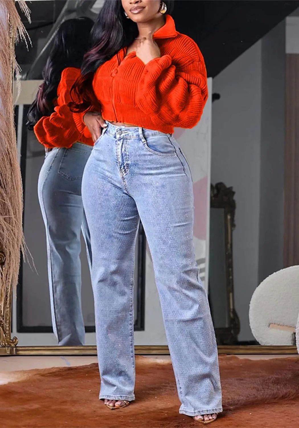Womens Cardigan Sweaters Zip Up Long Lantern Sleeve Cable Knit Outwear Cropped Sweater Jacket