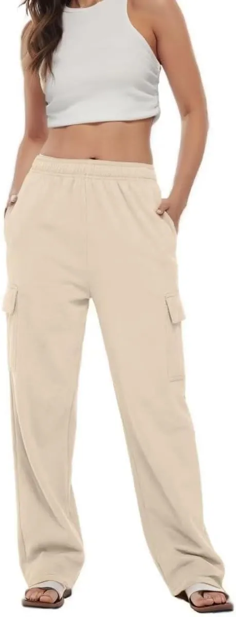 Women's Cargo Sweatpants Trendy Straight Leg Sweats Pants Cotton Elastic Waist Joggers Workout Trousers with Pockets