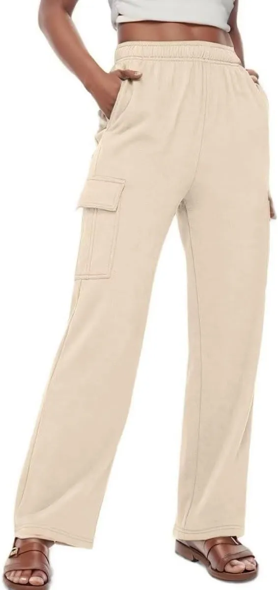 Women's Cargo Sweatpants Trendy Straight Leg Sweats Pants Cotton Elastic Waist Joggers Workout Trousers with Pockets