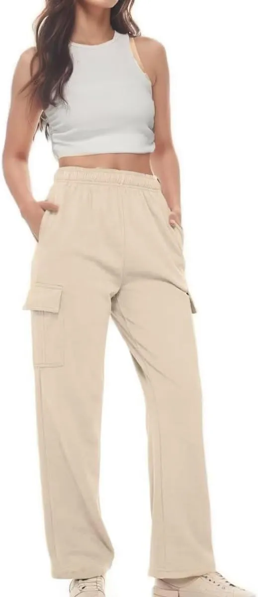 Women's Cargo Sweatpants Trendy Straight Leg Sweats Pants Cotton Elastic Waist Joggers Workout Trousers with Pockets