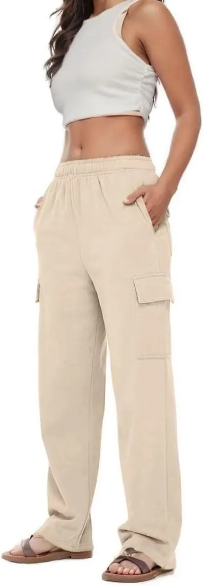 Women's Cargo Sweatpants Trendy Straight Leg Sweats Pants Cotton Elastic Waist Joggers Workout Trousers with Pockets