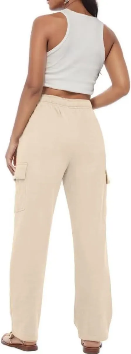 Women's Cargo Sweatpants Trendy Straight Leg Sweats Pants Cotton Elastic Waist Joggers Workout Trousers with Pockets