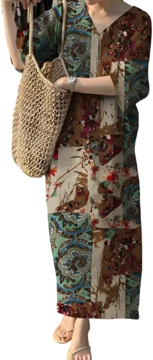 Womens Casual Cotton Linen Boho Floral Print V Neck Dresses Spring Summer Loose Short Sleeve Plus Size Maxi Dress 2025