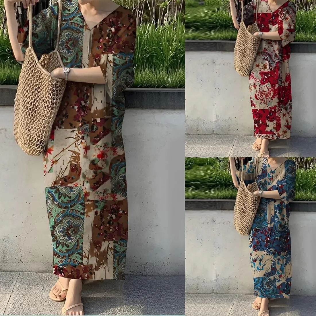 Womens Casual Cotton Linen Boho Floral Print V Neck Dresses Spring Summer Loose Short Sleeve Plus Size Maxi Dress 2025