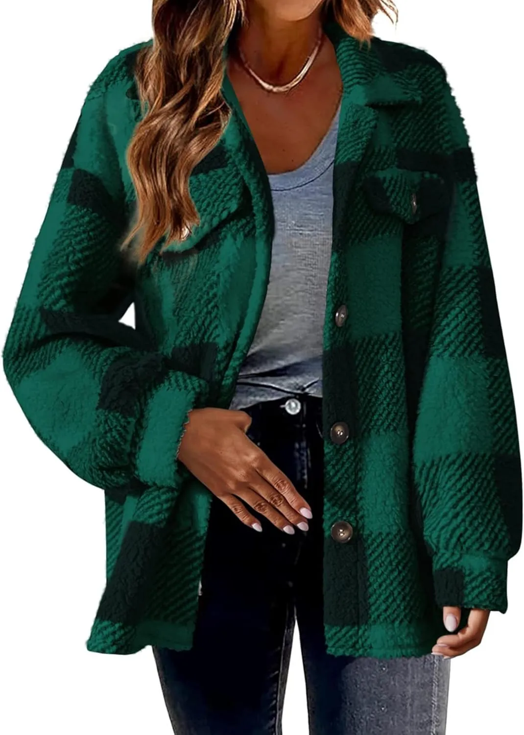 Womens Casual Fuzzy Fleece Jacket Wool Blend Plaid Flannel Button Down Shirts Shackets Jacket Coats Outfits Tops