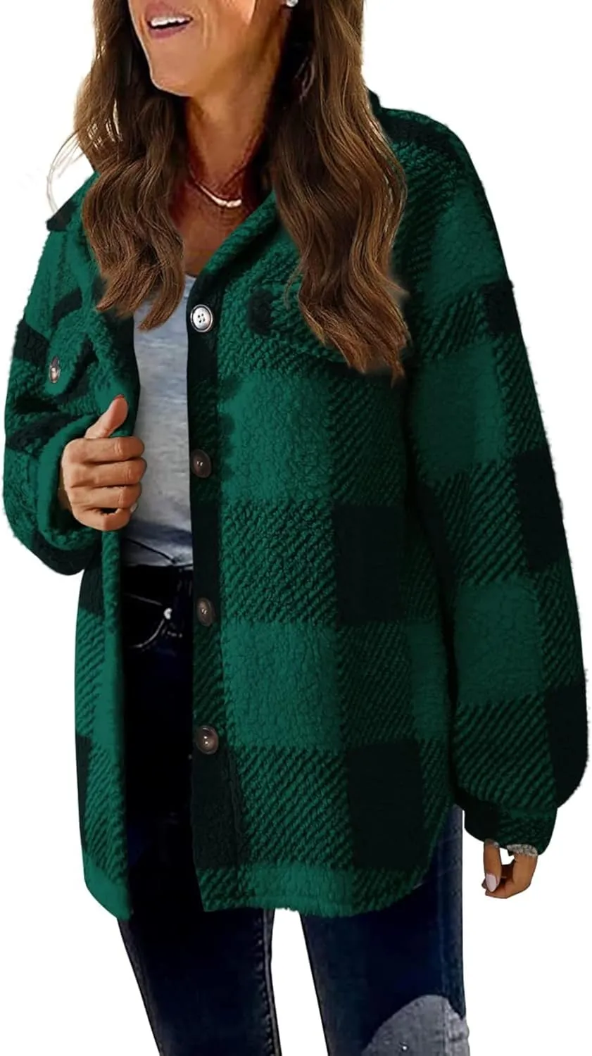 Womens Casual Fuzzy Fleece Jacket Wool Blend Plaid Flannel Button Down Shirts Shackets Jacket Coats Outfits Tops